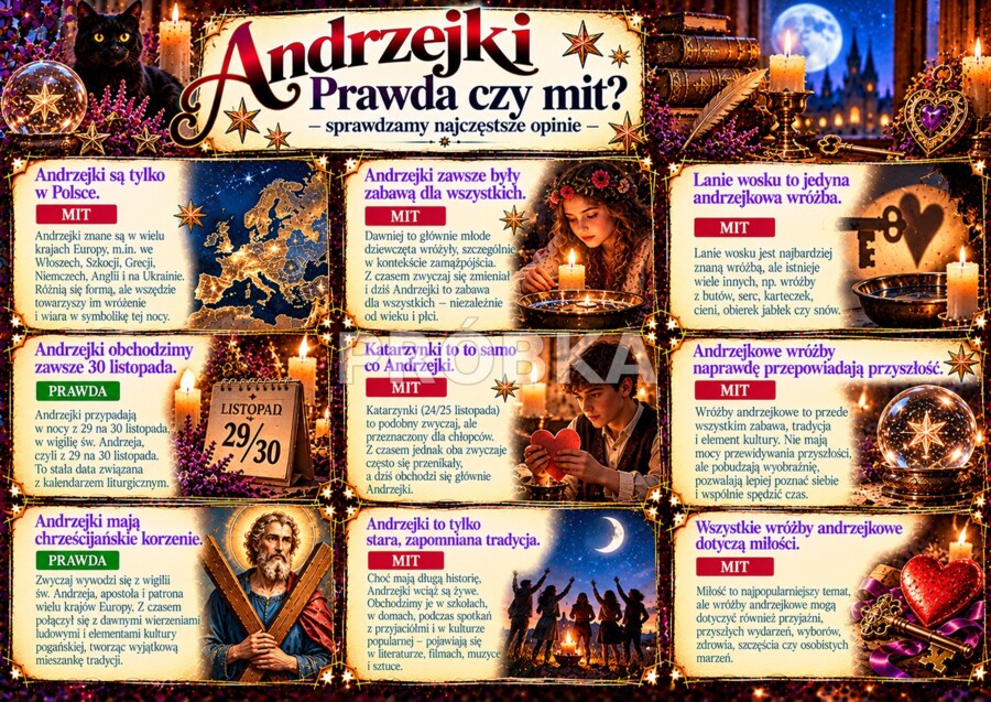 ANDRZEJKI - MIĘDZY TRADYCJĄ, SYMBOLEM A ZABAWĄ Gazetka edukacyjna | 17 plansz