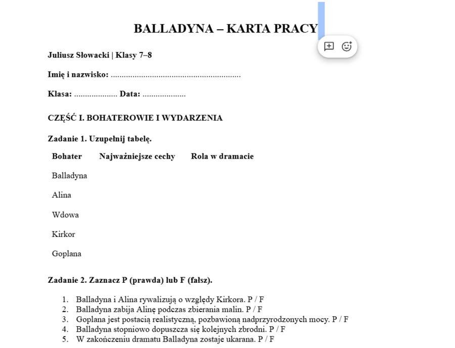 Balladyna- karty pracy