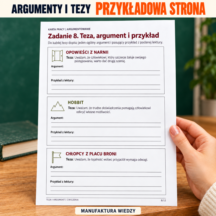 Rozprawka – teza, argument i przykład z lektury – karty pracy i notatka – 12 stron PDF