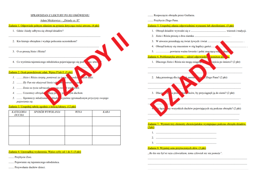 Sprawdzian Dziady II po omówieniu lektury