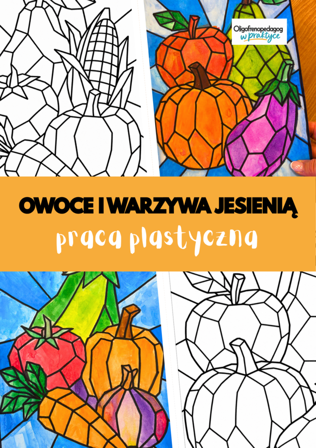 Owoce i warzywa jesienią - jesienne witraże do prac plastycznych, kreatywnych.