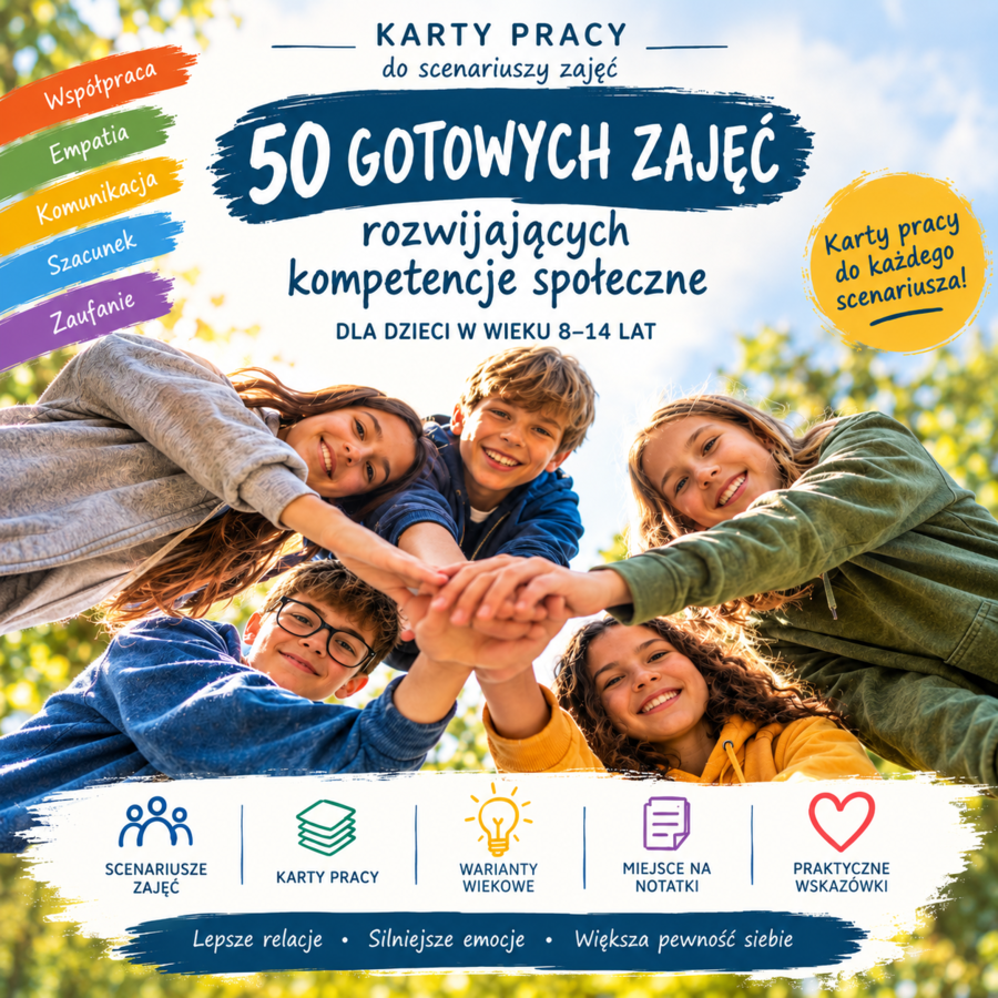 Karty pracy do 50 gotowych scenariuszy zajęć rozwijających kompetencje społeczne