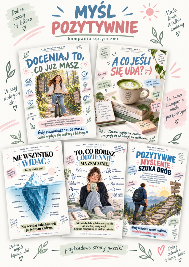 Myśl  pozytywnie, kampania optymizmu, motywatory, gazetka, plakaty