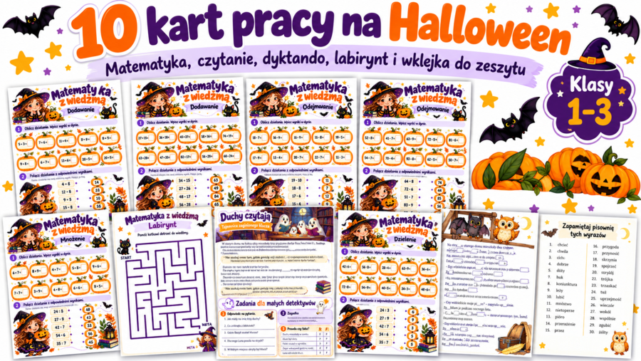 Halloween – 10 kart pracy dla klas 1–3 | Matematyka, dyktando, czytanie, labirynt