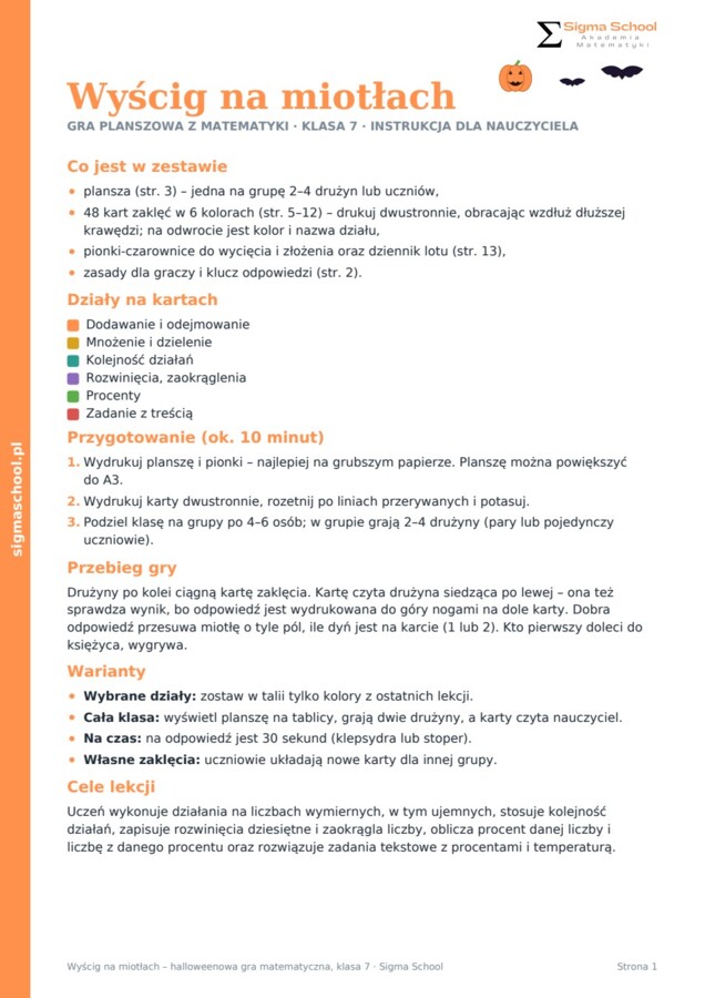 Halloween – Wyścig na miotłach – matematyka, klasa 7
