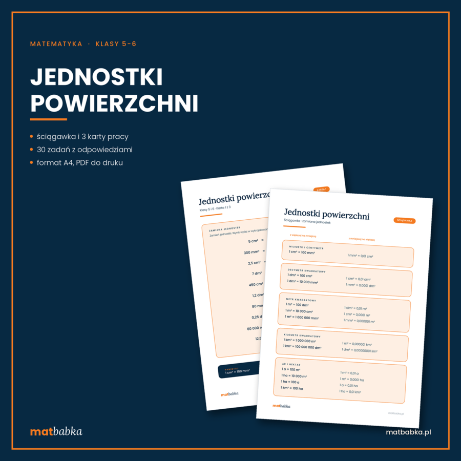 Jednostki powierzchni, gotowa "ściągawka" i 3 karty pracy