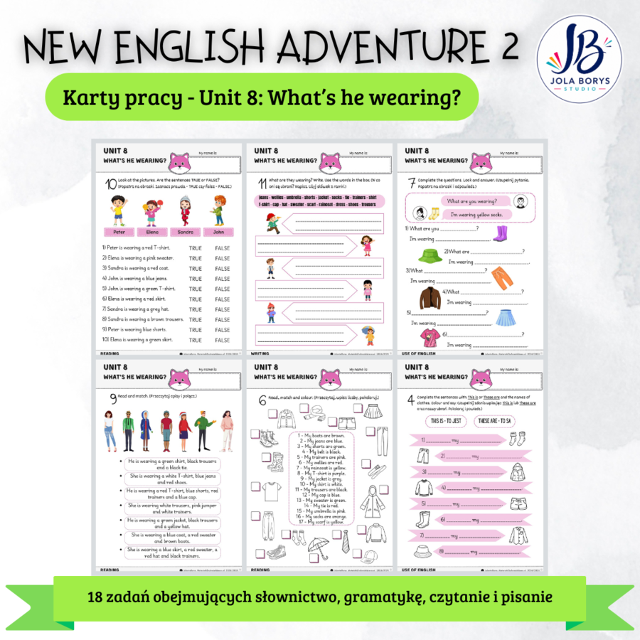 New English Adventure 2 – Unit 8: What’s He Wearing? – karty pracy