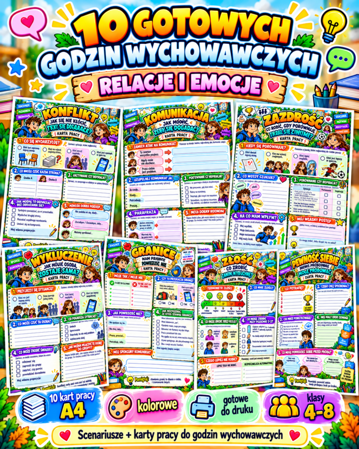 10 GOTOWYCH GODZIN WYCHOWAWCZYCH – RELACJE I EMOCJE | scenariusze 45 min + 10 kolorowych kart pracy A4 | klasy 4–8