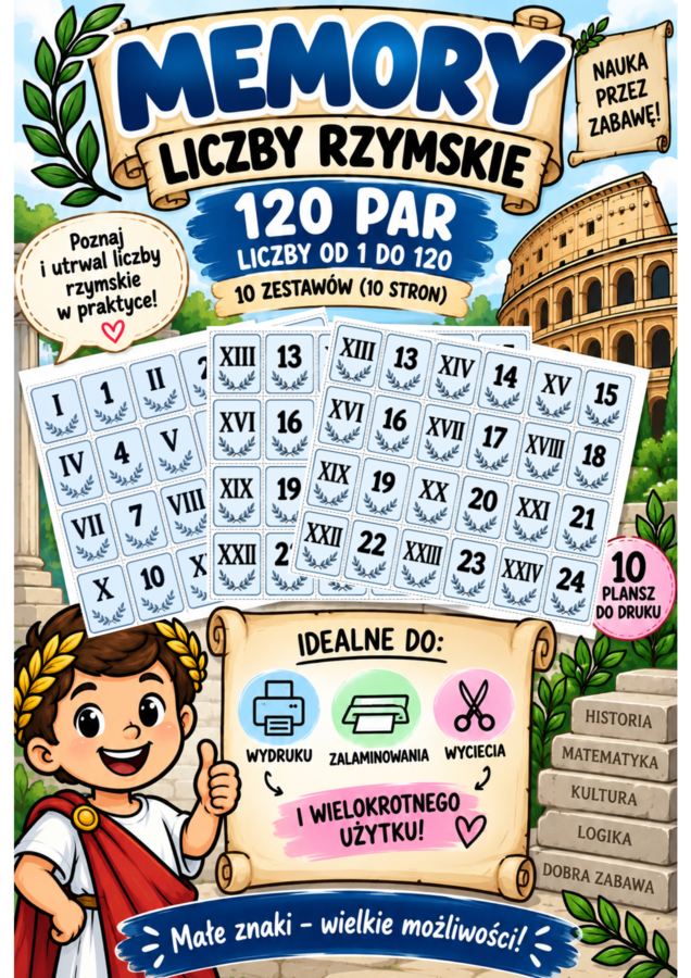 Memory – liczby rzymskie 1–120 | 120 par do druku i zabawy
