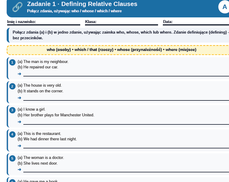 Relative clauses /gerung and to infinitive- karta pracy