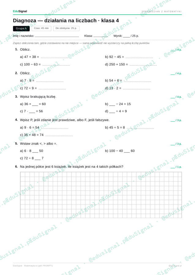 Diagnoza wejściowa  matematyka, klasa 4 — dwie grupy + wersja z dostosowaniem + klucz