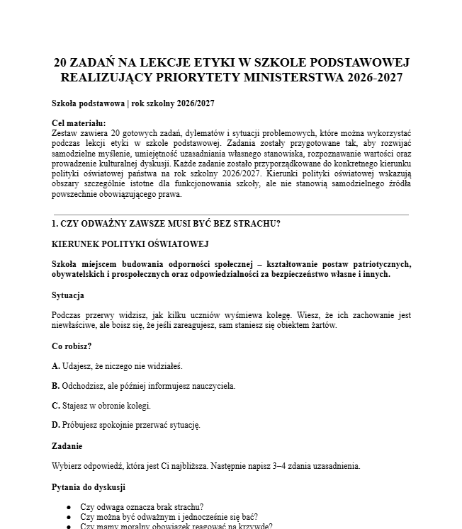 20 ZADAŃ NA LEKCJE ETYKI W SZKOLE PODSTAWOWEJ REALIZUJĄCY PRIORYTETY MINISTERSTWA 2026-2027