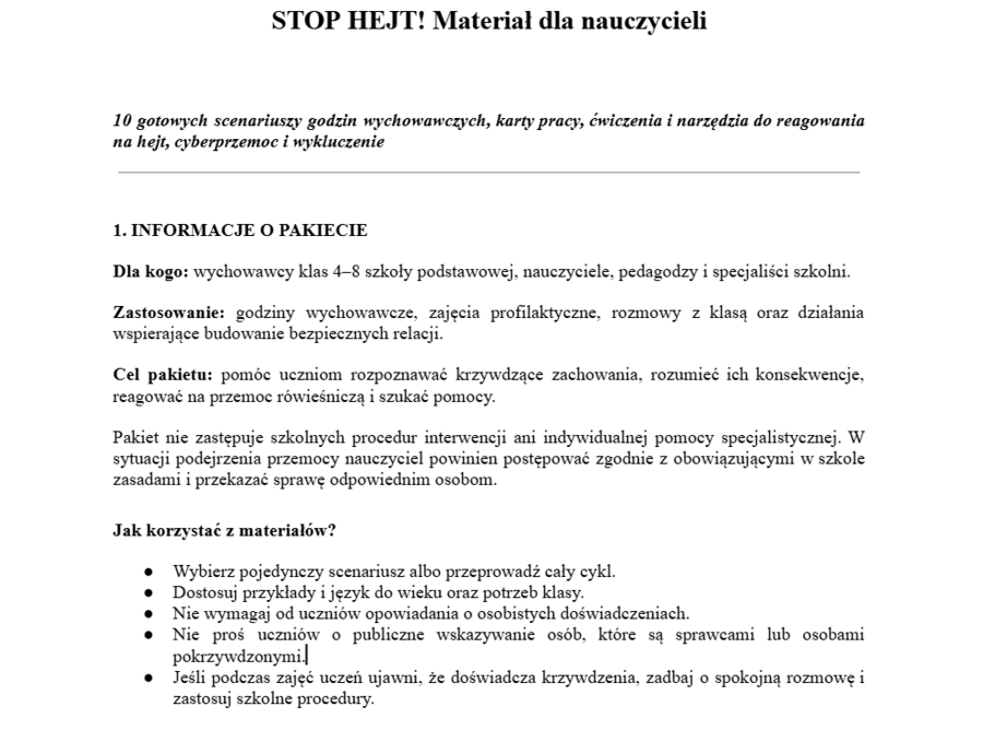 Stop HEJT!- materiał dla nauczycieli.
