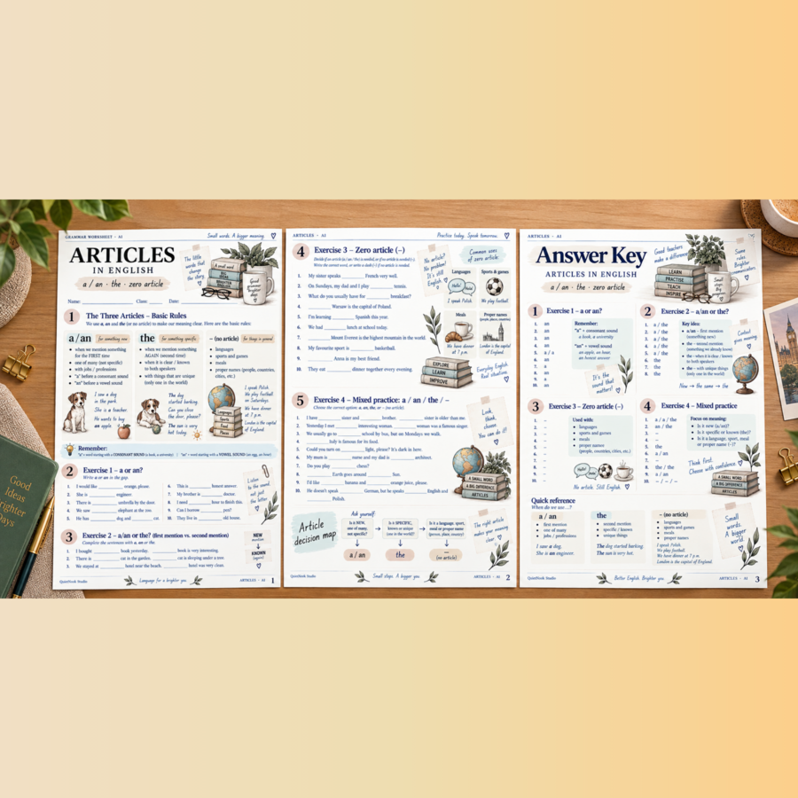 Przedimki - Articles: A / An, The & Zero Article | Karta pracy A1–A2