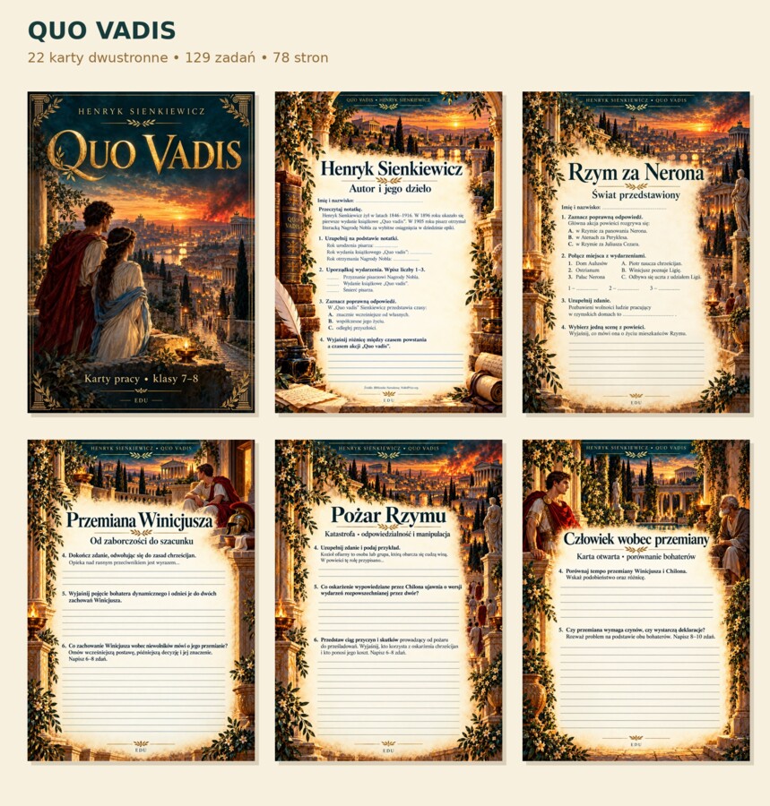QUO VADIS — 22 karty dwustronne, 129 zadań, sprawdzian i klucze | klasy 7–8