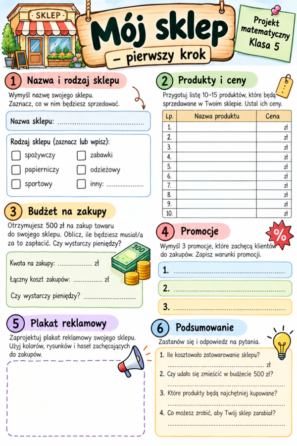 Projekt matematyczny „Mój sklep” – klasa 5 🛒💰