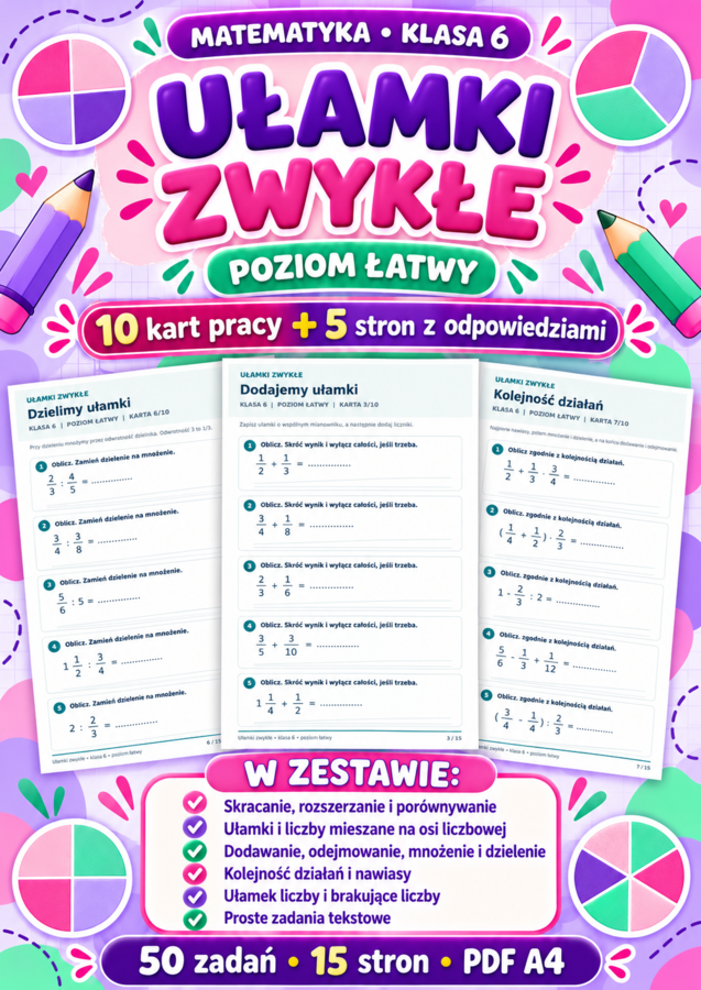 UŁAMKI  ZWYKŁE-ŁATWE-klasa 6