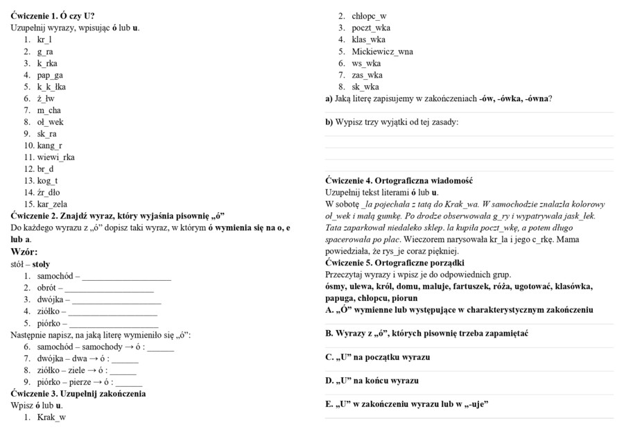 Ó czy U? – karta pracy z kluczem | 3 wersje graficzne | klasa 4