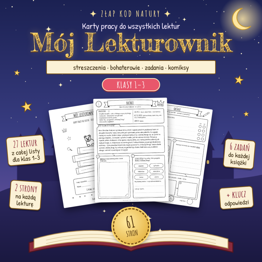 Lekturownik dla klas 1–3 – karty pracy do 27 lektur ze streszczeniami i zadaniami (PDF, 61 stron)