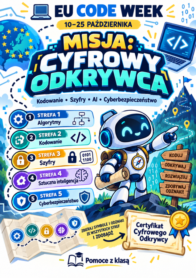 EU Code Week – „Misja: Cyfrowy Odkrywca” | 20 kart pracy + scenariusz + paszport + certyfikat | kl. 4–8