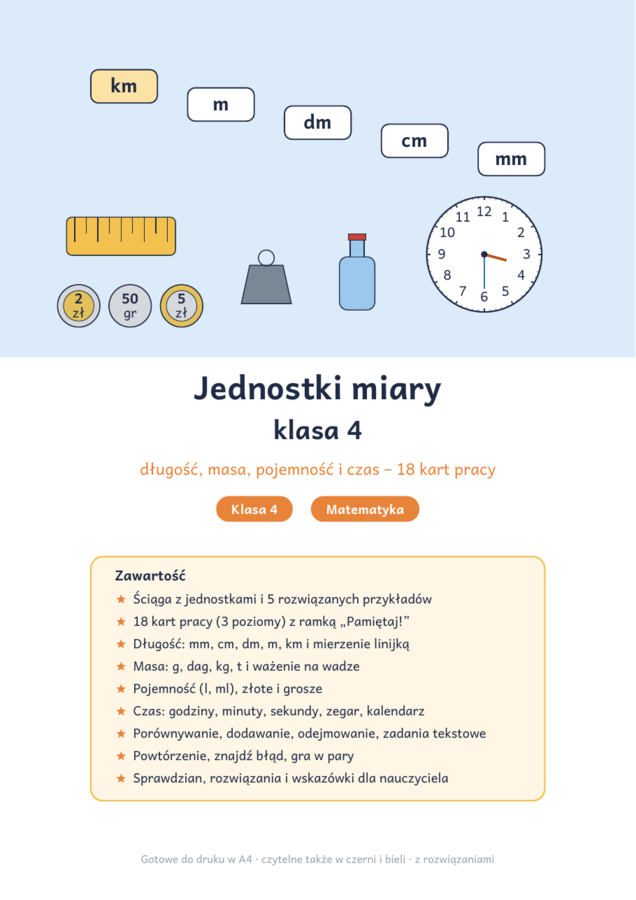 Jednostki miary klasa 4: długość, masa, pojemność i czas – karty pracy