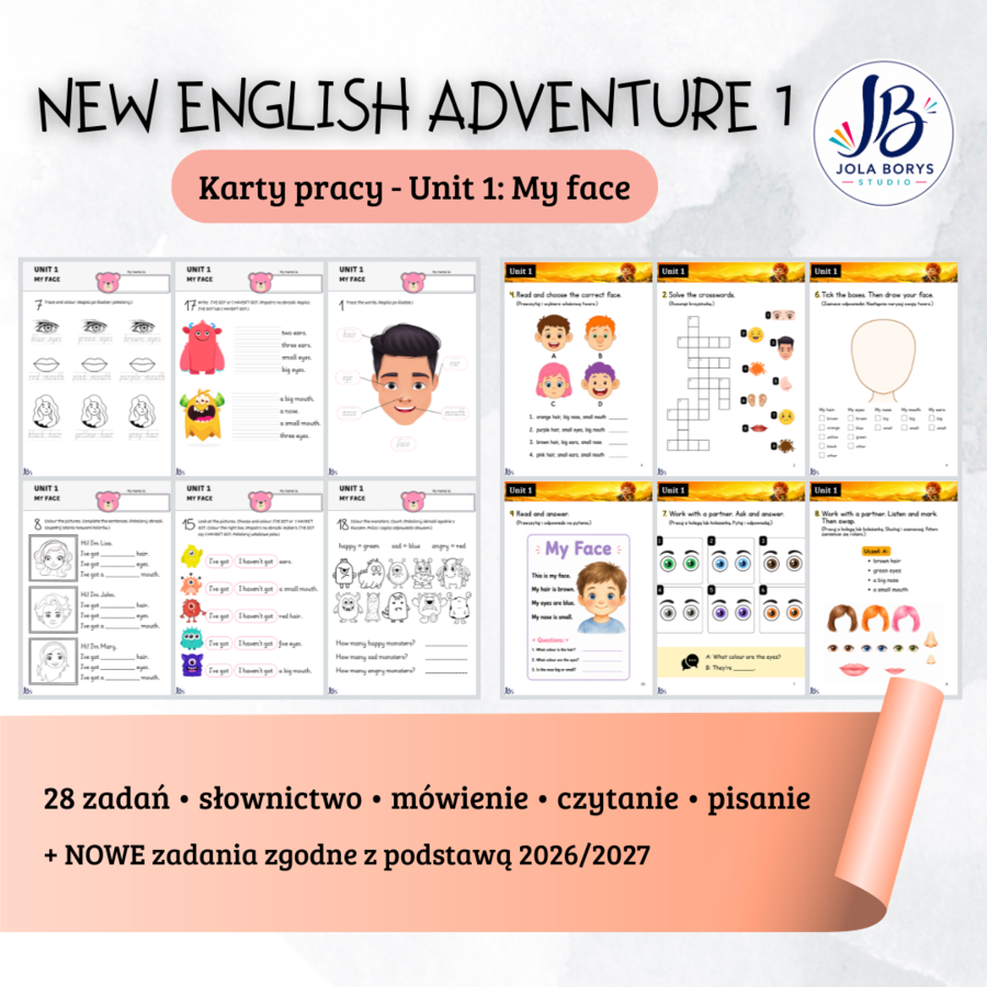 New English Adventure 1 – Unit 1: My Face – karty pracy: 28 zadań + materiały zgodne z nową podstawą programową