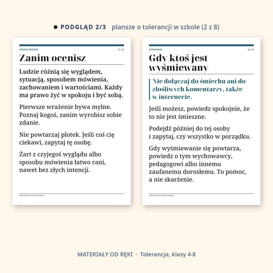 Gazetka na Międzynarodowy Dzień Tolerancji 16 listopada: napis, 8 plansz o tolerancji w szkole, hasła i karty ze zwrotami, klasy 4-8