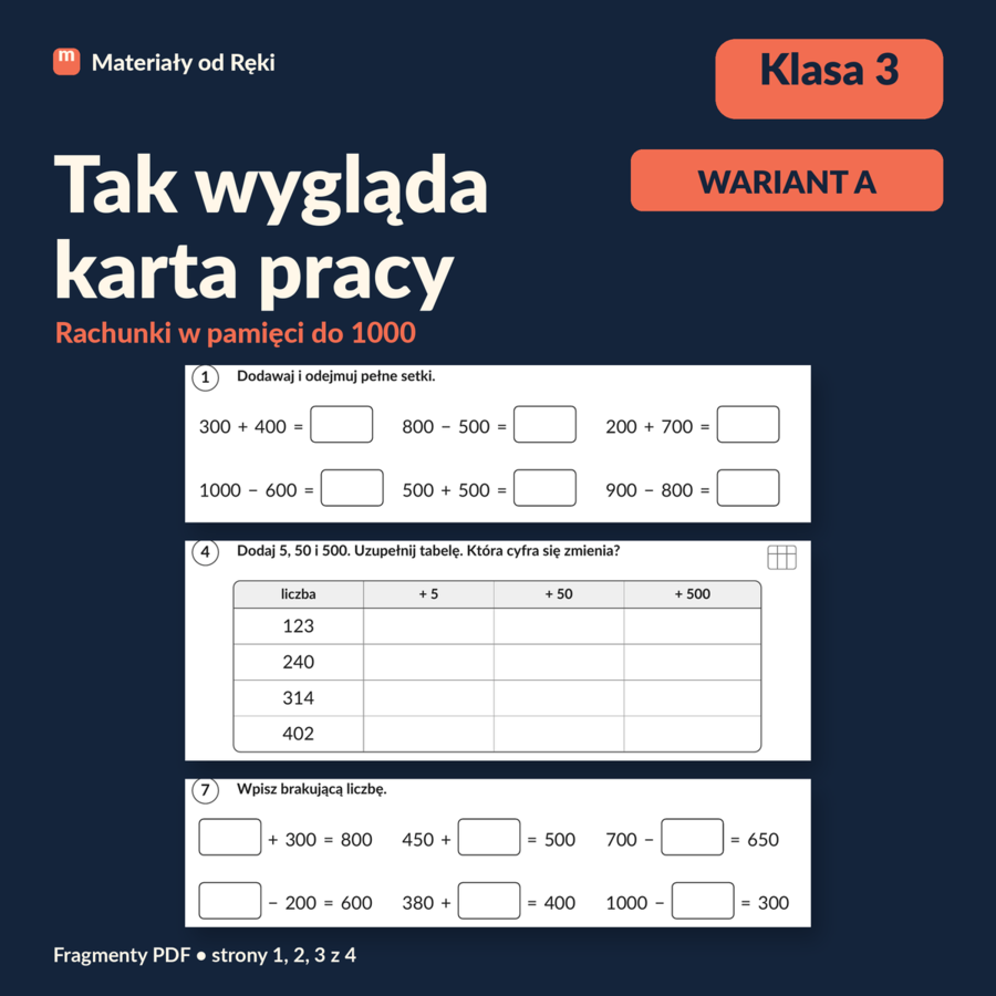 Dodawanie i odejmowanie do 1000 w pamięci - karta pracy z kluczem | Matematyka, klasa 3 | Wariant A