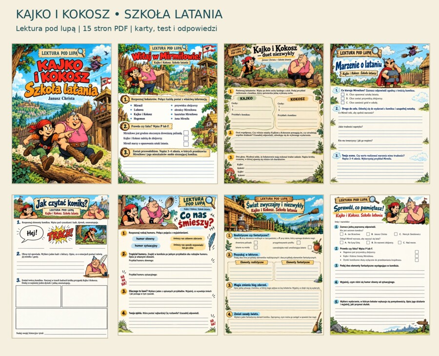 KAJKO I KOKOSZ. SZKOŁA LATANIA — LEKTURA POD LUPĄ Ilustrowane karty pracy, test i odpowiedzi
