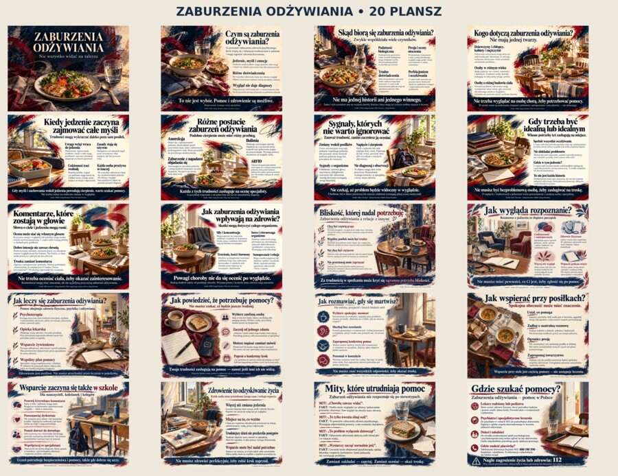 ZABURZENIA ODŻYWIANIA — NIE WSZYSTKO WIDAĆ NA TALERZU Gazetka edukacyjna • 20 plansz A4 w poziomie