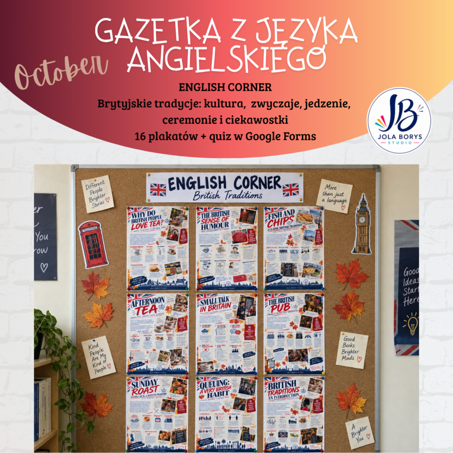 Gazetka z języka angielskiego – Brytyjskie tradycje: British Traditions | 16 plakatów + quiz w Google Forms