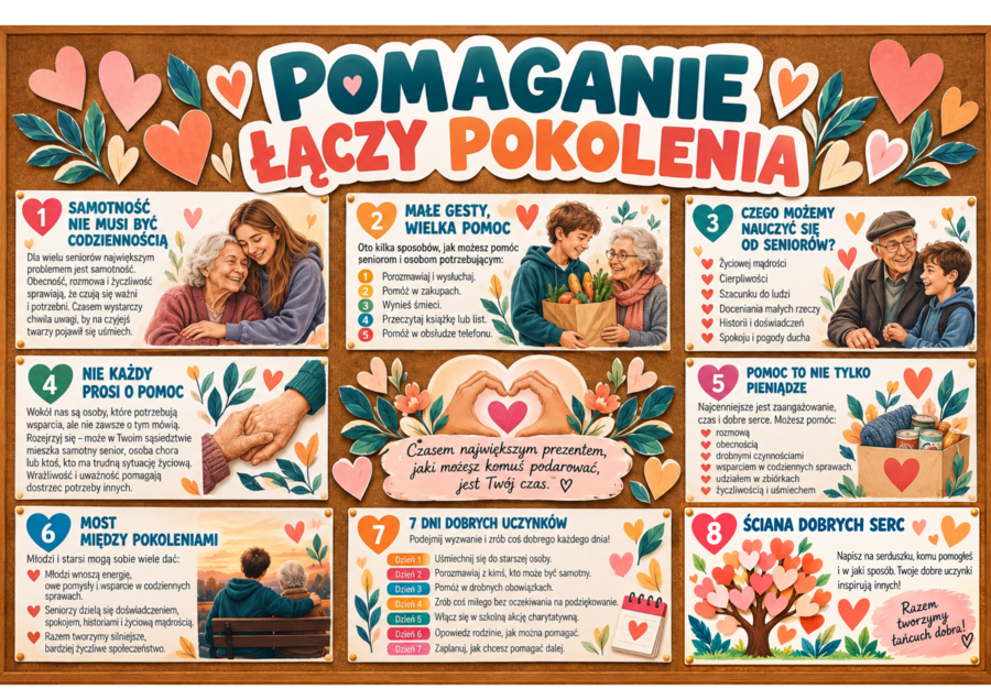 POMAGANIE ŁĄCZY POKOLENIA – GAZETKA ŚCIENNA - SZKOLNE KOŁO WOLONTARIATU
