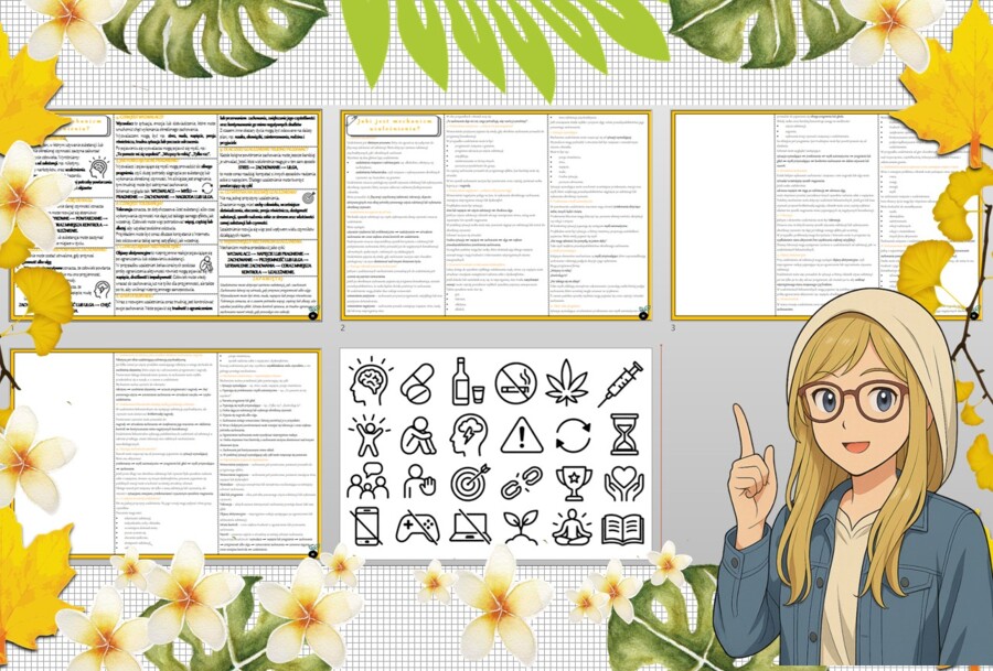 Sketchnotka/notatka - dla ucznia i przypomnienie dla nauczyciela w pdf. Temat "Jaki jest mechanizm uzależnienia?". Edukacja zdrowotna. Klasa 6.