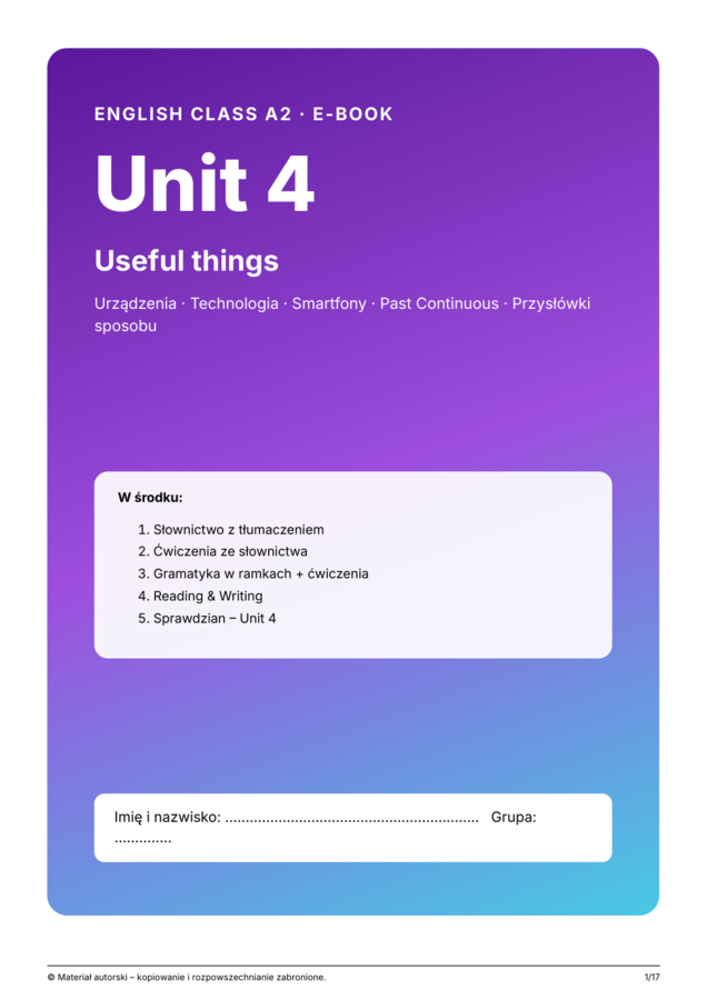 English Class A2 – Unit 4 Useful things | klasa 6 | e-book 17 stron + klucz