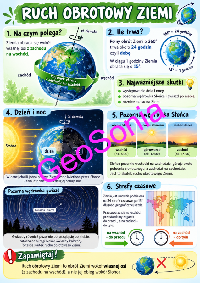 Ruch obrotowy Ziemi geografia klasa 6 sketchnotka