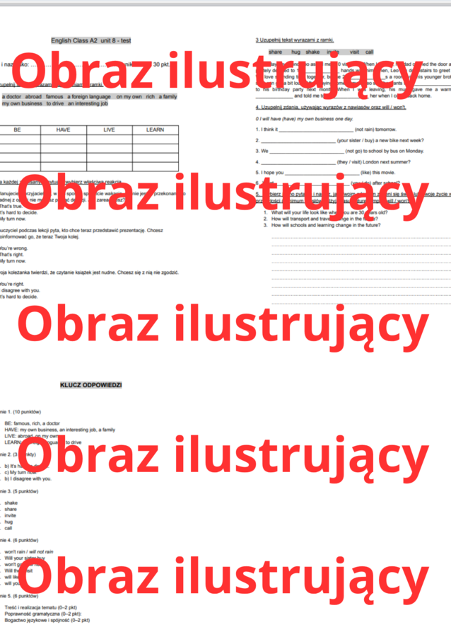 English Class A2 unit 8 test (sprawdzian / praca klasowa)