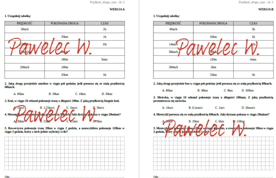Prędkość, droga czas - karta pracy, kartkówka kl. 5, dwie grupy (wersja A i B)
