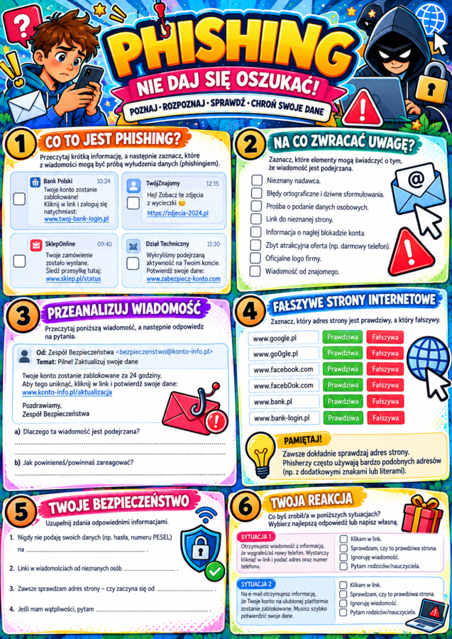 BEZPIECZNI W SIECI – 8 kolorowych kart pracy o cyberbezpieczeństwie | klasy 4–8