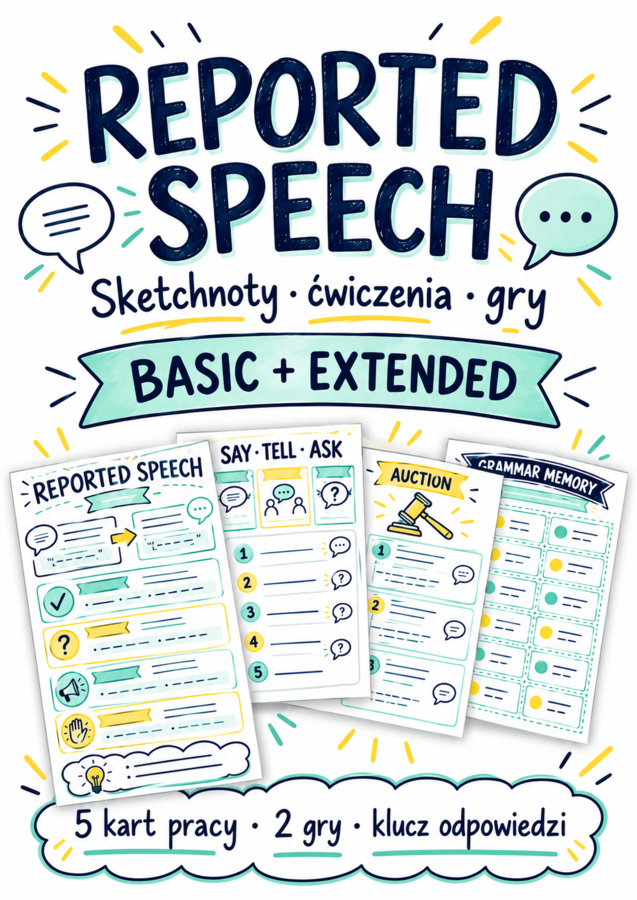 Reported Speech – sketchnoty Basic i Extended, karty pracy oraz gry gramatyczne