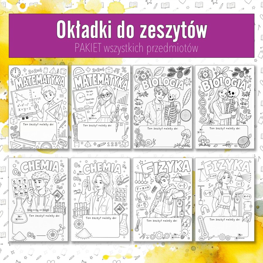 PAKIET okładki do zeszytów. Wklejki na pierwszą stronę z wszystkich przedmiotów.