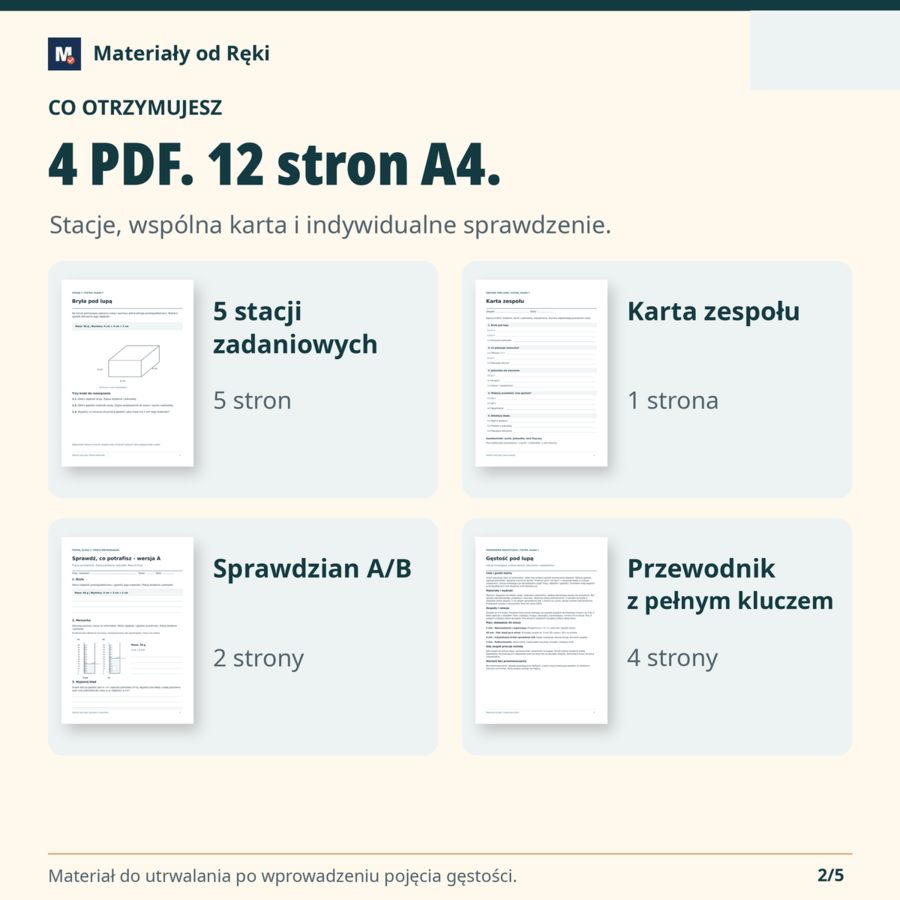 Gęstość pod lupą - 5 stacji zadaniowych, karta zespołu i sprawdzian A/B | Fizyka, klasa 7