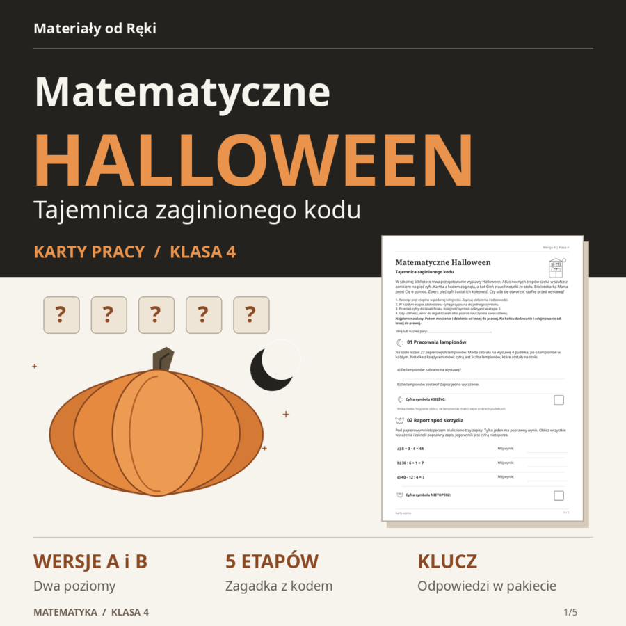 Matematyczne Halloween - tajemnica zaginionego kodu | klasa 4 | 2 poziomy