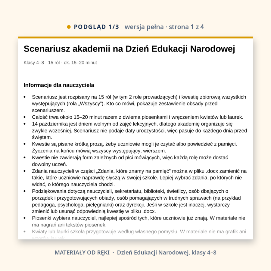 Scenariusz akademii na Dzień Edukacji Narodowej, klasy 4–8, wersja pełna i skrócona