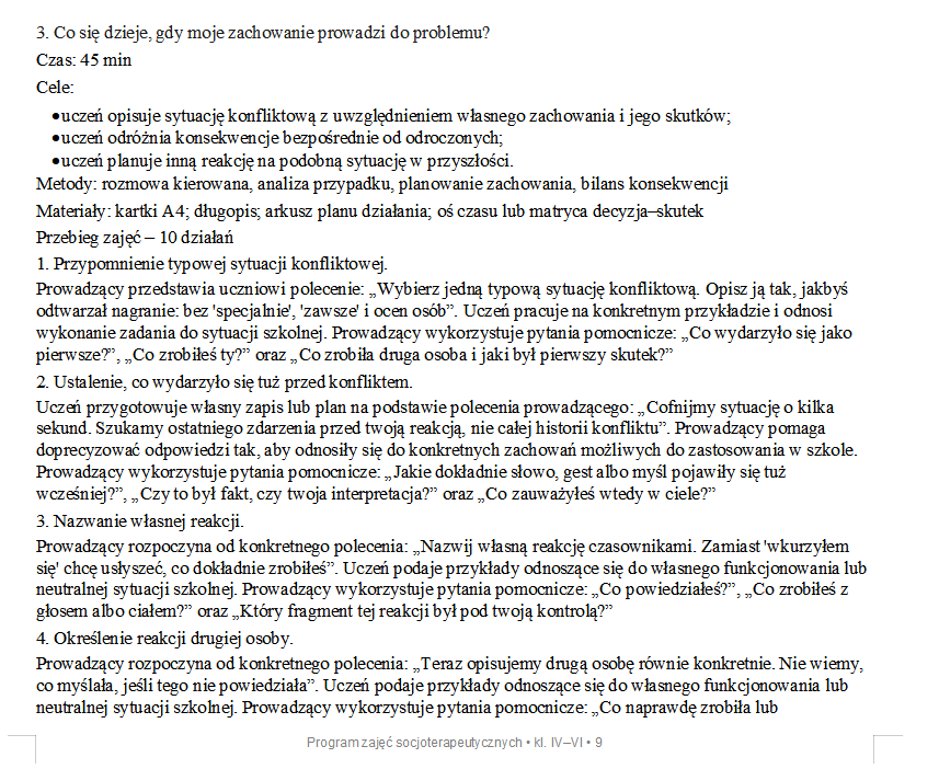Program zajęć socjoterapeutycznych – klasy IV–VI. Rewalidacja.