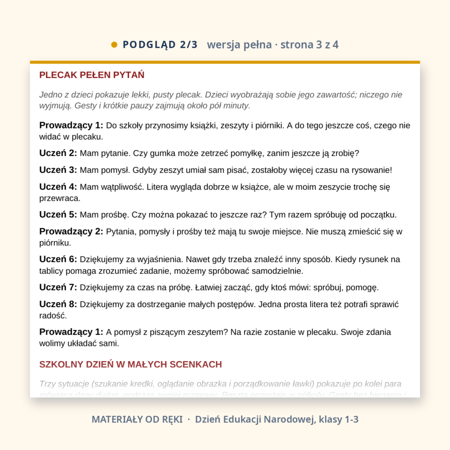 Scenariusz na Dzień Edukacji Narodowej, klasy 1-3, wersja pełna i skrócona