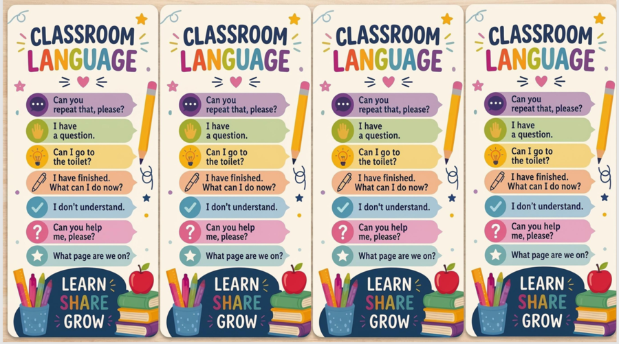 Classroom language - zakładki  ze zwrotami w klasie