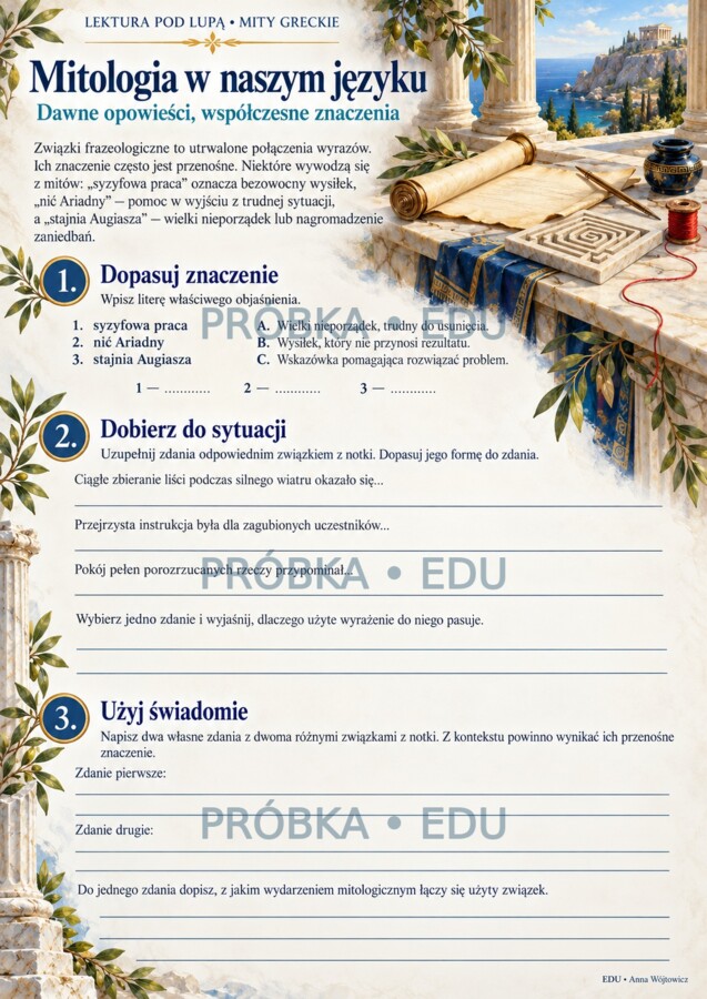 Mity greckie — karty pracy, test i odpowiedzi | klasy 5–6
