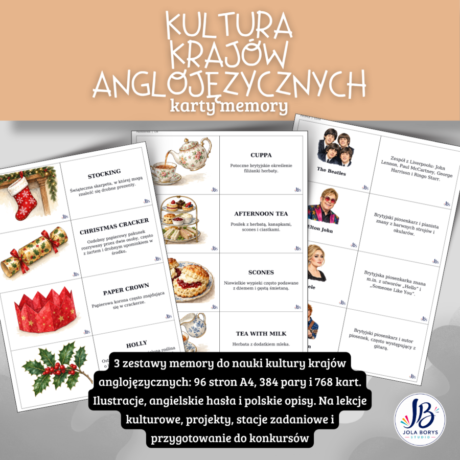 Kultura krajów anglojęzycznych – memory: 768 kart, 3 zestawy do nauki i konkursów