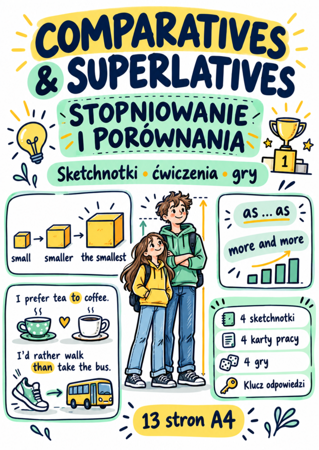 Stopniowanie i porównania po angielsku – sketchnotki, ćwiczenia i 4 gry