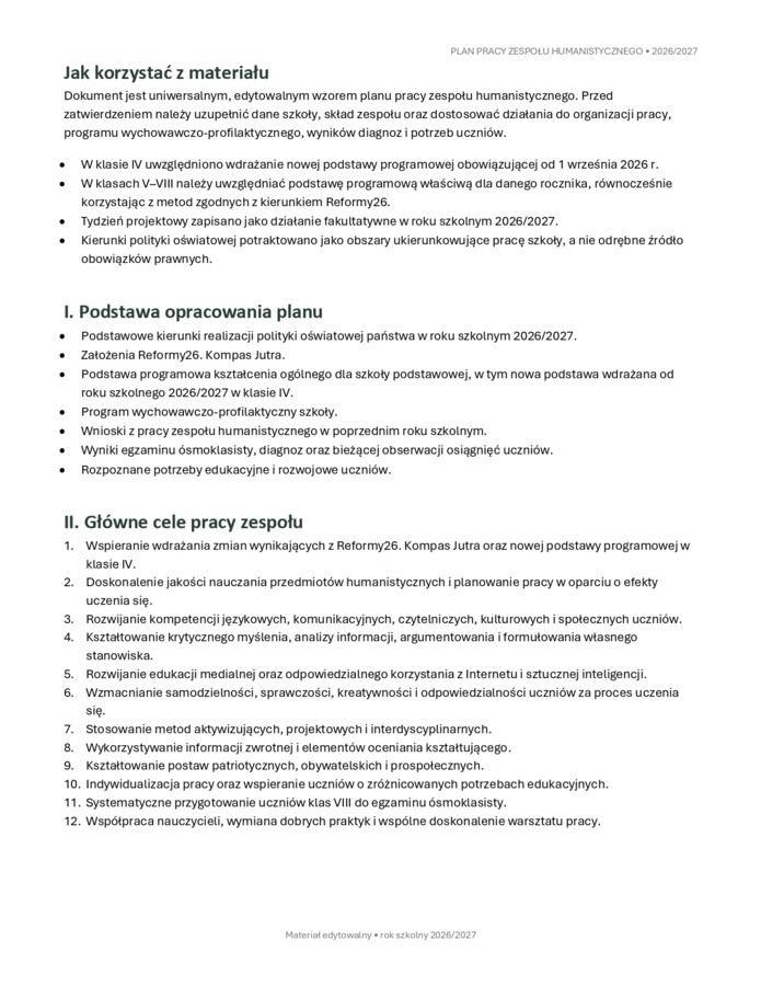 PLAN PRACY ZESPOŁU HUMANISTYCZNEGO 2026/2027 – GOTOWA DOKUMENTACJA | KOMPAS JUTRA • REFORMA26 • POLITYKA OŚWIATOWA